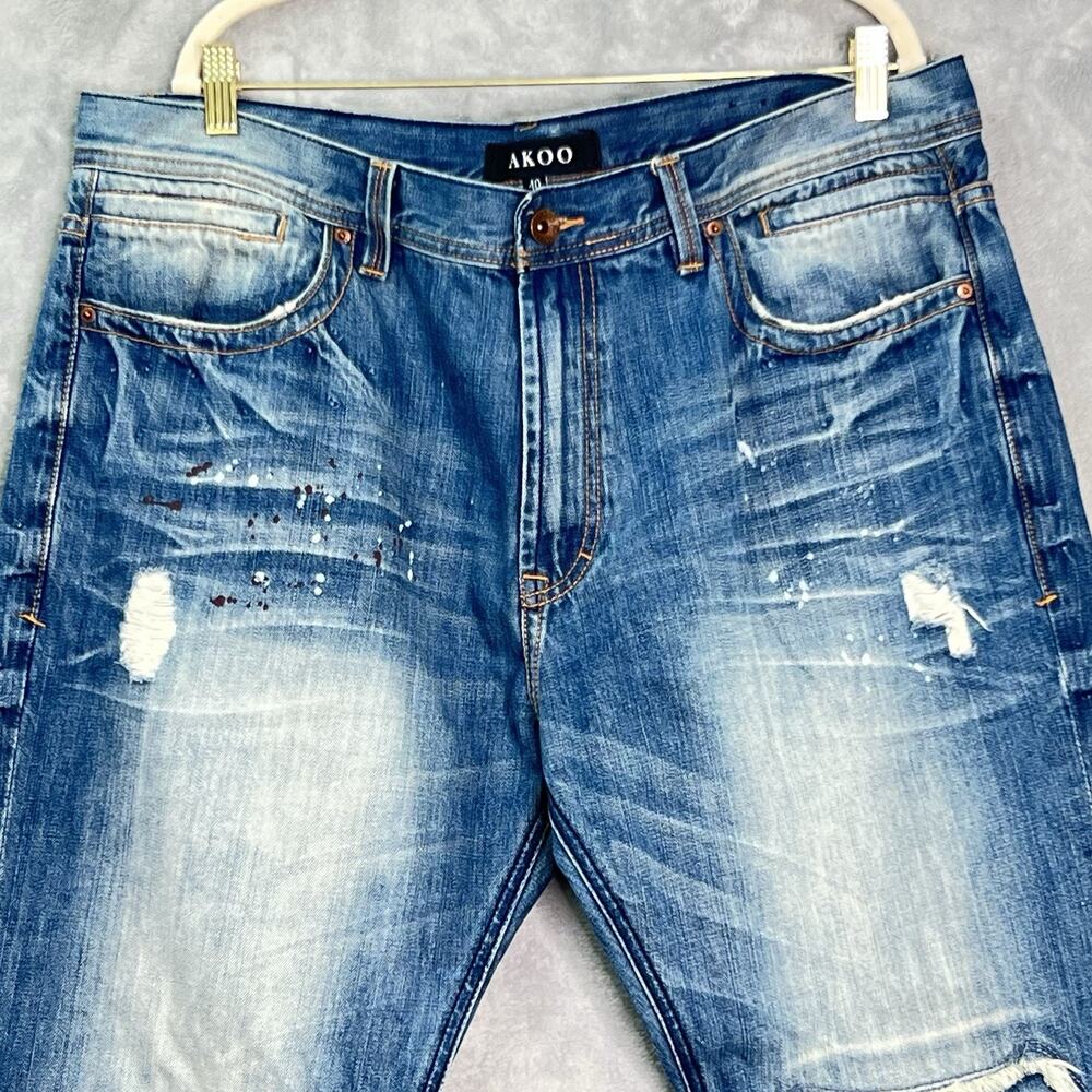 AKOO Jeans Mens 40/34 Blue Paint Splatter Distressed No Rivals Patch Big Oak Fit - Picture 2 of 16